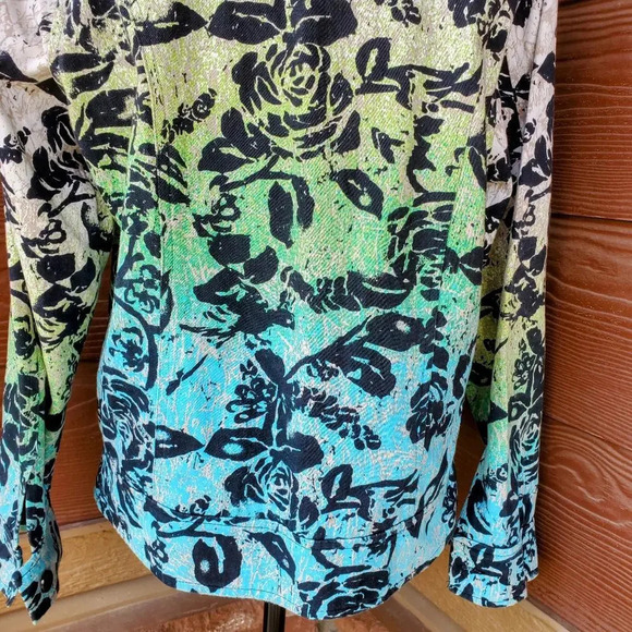 Life Style Women's Floral Blazer Blue White Green Size Large Long Sleeve V-Neck - Picture 13 of 14